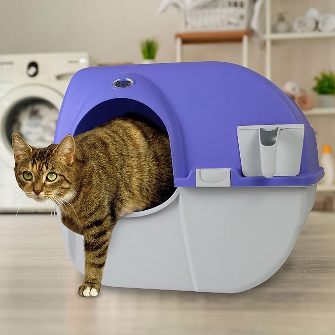 Omega Paw Roll 'n Clean Plastic Indoor Outdoor Automatic Self Cleaning Litter Box with Enclosed Lid for Regular Sized Cats up to 12 Pounds, Periwinkle