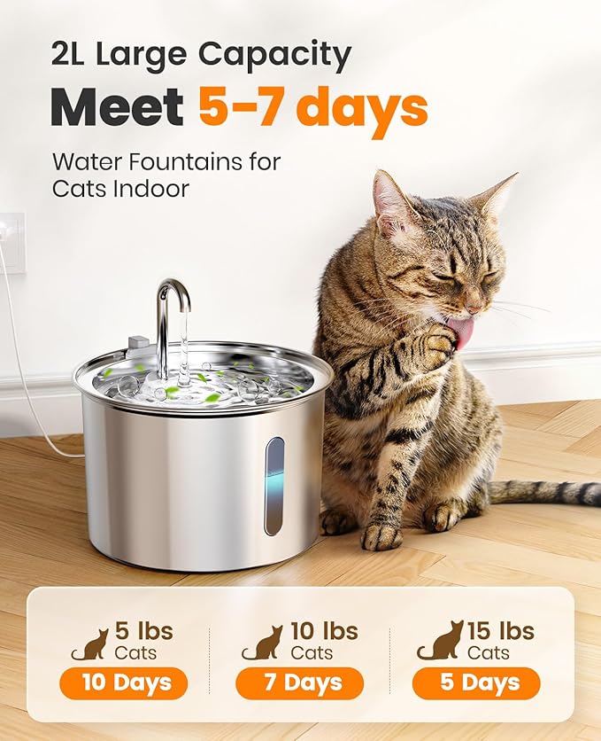 oneisall Stainless Steel Cat Water Fountain, 2L Water Fountains for Cats Indoor with Quiet Pump and 3 Replacement Filters, Pet Water Fountain Faucet Spout Design Cat Fountain Drinking Inside, PWF 001