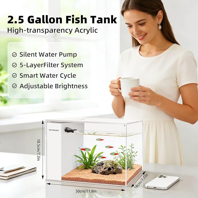 Small Fish Tank Betta 2.5 Gallon Desktop Aquarium Kit with LED Light and Water Pump & Black Filter Sponge & Bio Ball Filter Media Compact Aquarium for Betta Fish, Shrimp(White)