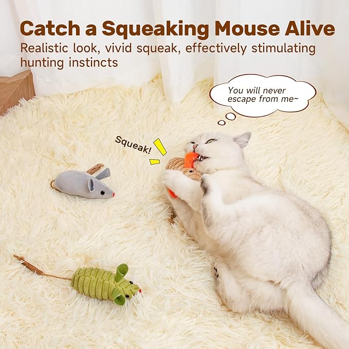 Potaroma Cat Toys: 3pcs Squeak Mice Interactive Catnip Silvervine Animals for Indoor Kittens - Dental Matatabi Cat Nip & Chew Exercise Toy for All Breeds & Species