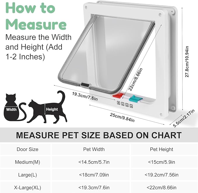 Cat Door- 4-Way Locking Option, Weatherproof & Secure Cat Flap with Easy Installation Kit for Interior/Exterior Doors and Walls (XL)