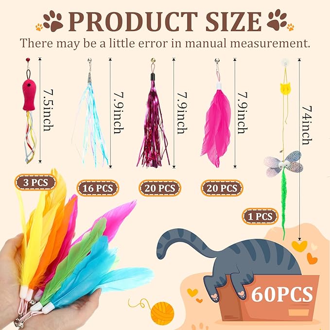 60 Pcs Cat Wand Feather Toys Refill Colorful Cat Wand Replacement Feathers Toy for Interactive Kitten Fishing Pole Feather Attachments with Bells for Stray Cats to Exercise (Feather-Mix)