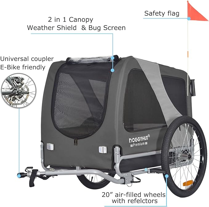 DOGGYHUT® Premium Large/XL Pet Bike Trailer & Stroller for Large Sized Dog or Multiple Small Dogs,Low Center of Gravity,Parking Brakes,Easy Folding Frame,Bicycle Carrier