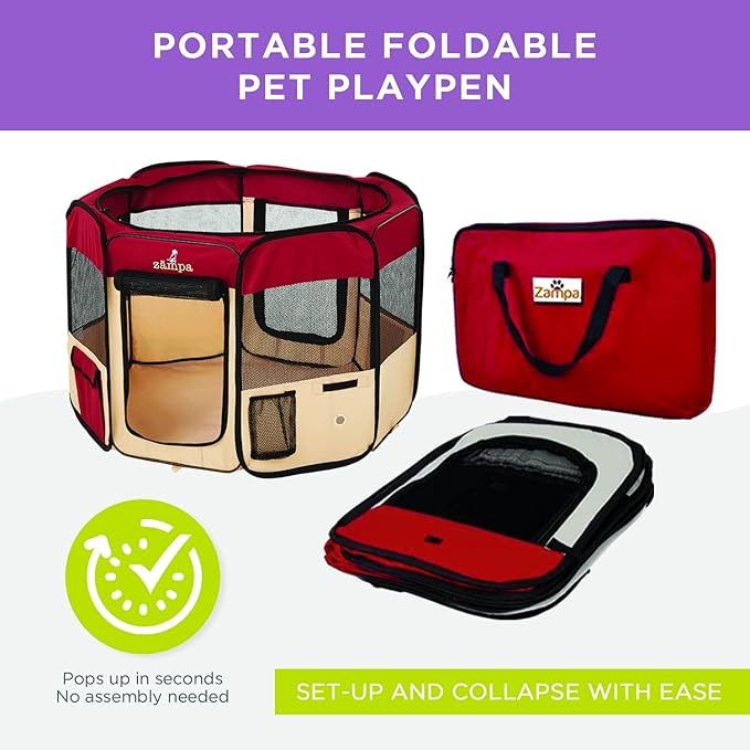 Zampa Puppy Pop Up Portable Playpen for Dog and Cat, Foldable | Indoor/Outdoor Kitten Pen & Travel Pet Carrier + Carrying Case (Red, Small (36"x36"x24"))