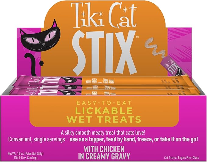 Tiki Cat Stix Mousse Treats, Single Serve Indulgent Lickable Treat or Dry Food Topper, with Chicken in Creamy Gravy, 0.5 oz. Servings (20 Count)