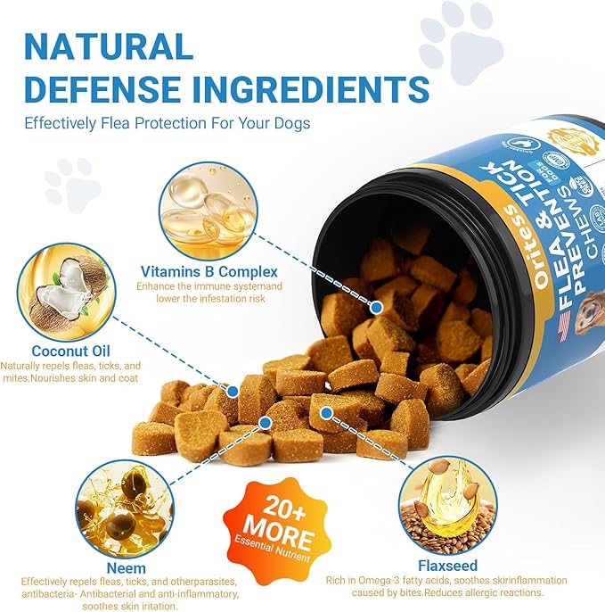 Flea and Tick Prevention for Dogs, 120 Soft Chews Natural Dog Flea and Tick Chewables Oral Flea Supplement for Dogs, Puppy Flea Support - All Breeds & Ages - Chicken Flavor