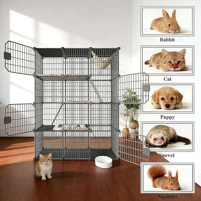 Large 4-Tier Cat Cage Indoor, DIY Cat Enclosures Detachable Metal Wire, Indoor Cat Crate Exercise Place Ideal for Kitty, Small Animals (Black, 41.3" L x 14" W x 55" H, 1)
