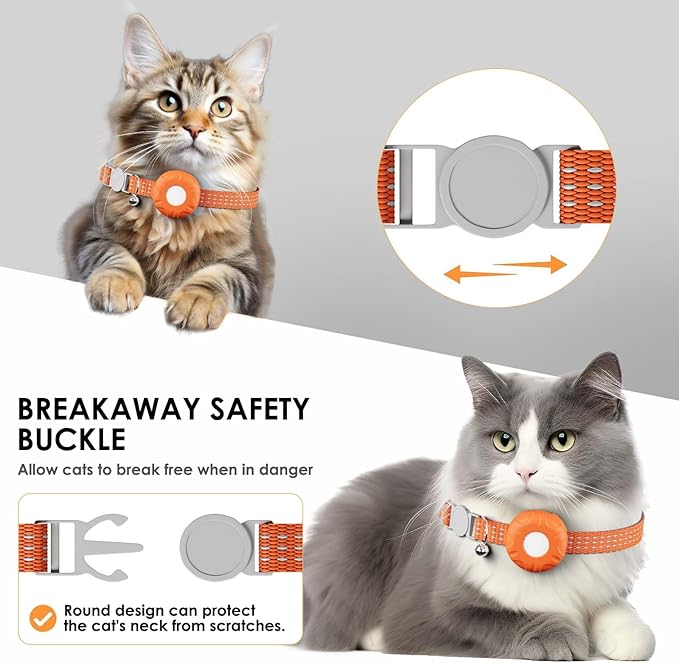 Cat Tracker, GPS Tracker Compatible with Apple Find My App(Only iOS), Waterproof Cat Tracker Collar with Bell and Safety Elastic Buckle, No Monthly Fee, Works with Any Collar (Orange)