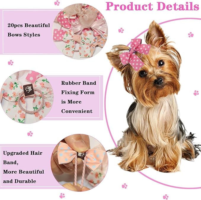 20pcs Dog Hair Bow Bowknot, Dog Bows Cute, Puppy Hair Bows Mix Styles Pet Grooming Rubber Bands Dogs Hair Accessories Handmade Hair Bows for Yorkie Puppy Dogs
