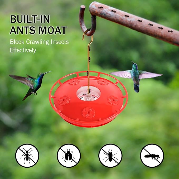 eWonLife 2 Pack Hummingbird Feeders for Outdoors, 16oz Leak-Proof Saucer Humming Bird Feeder with Integrated Ant Moat, Bee Proof 5 Feeding Ports, Brush, Easy Clean & Refill, Hanging Garden Yard Décor