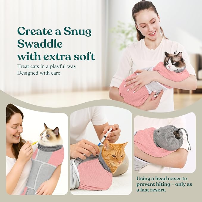 Supet Cat Grooming Wrap for Cutting Nails, Self-Adhesive Anti-Scratch Swaddle with Bite-Proof Mesh Hood & Thick Waist Strap Anti-Escape Bag for Nail Trimming, Medication, Ear Cleaning (Pink M)