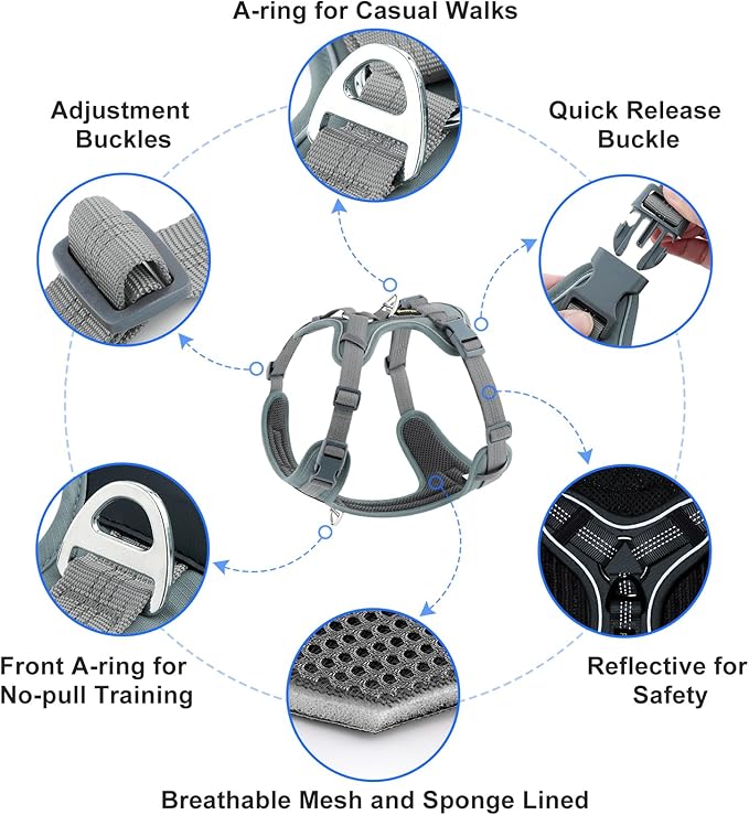 Plutus Pet No Pull Dog Harness, Release at Neck, Soft Padded, Reflective Adjustable Dog Vest Harness for Small, Medium, Large Dogs(Gray, L)