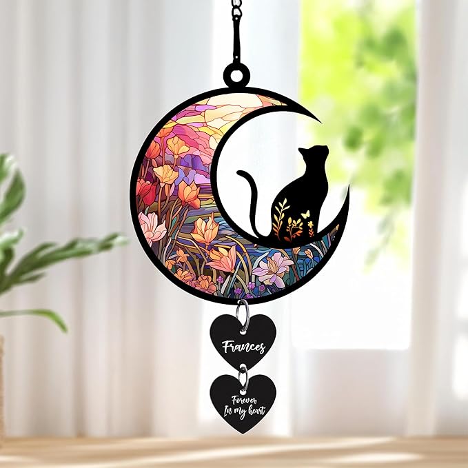 NAZENTI Personalized Cat Memorial Suncatcher, Loss of Pets Hanging Ornament, Custom Cats Remembrance Gifts, Sympathy Gift, Bereavement Gifts Cats, Cat Wind Chimes Memorial, Pet Owner