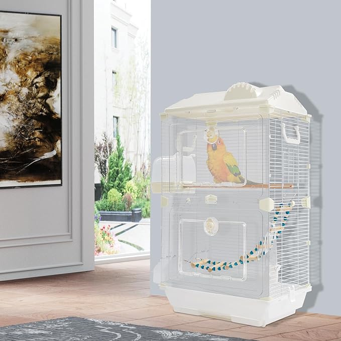 28inch Small Bird Cage Parrot Cage, White Iron Pet Bird Flight Cage Portable Birdcage with 2 Doors Cute Style for Parrots Cockatiels Conure Budgie Small Medium Birds