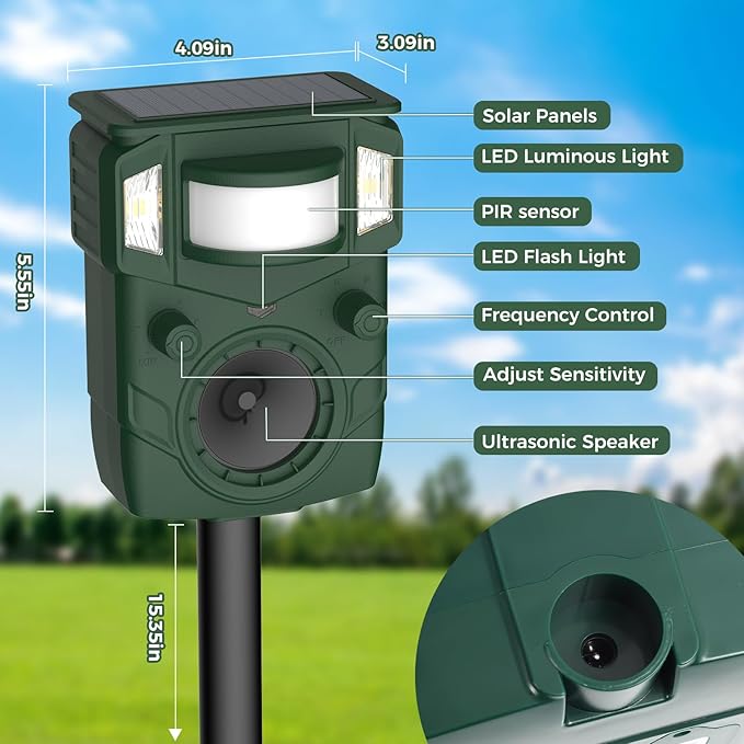 Solar Ultrasonic Animal Repellent, Multi-Modes Deer Repellent Devices,Cat Deterrent Outdoor, Squirrel Raccoon Dog Deterrent with Motion Sensor & Ultrasonic Waves for Garden Yard 2PC Green