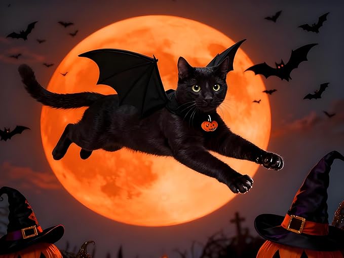 Deluxe Enhanced Cat Halloween Costume Bat Wings with Pumpkin Bells - Premium Upgraded Pet Apparel for Cats & Small Dogs, Adjustable Secure Fit for Halloween Party, Christmas, Birthday Dress Up