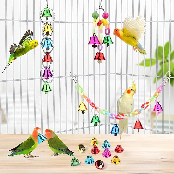 Hypeety Parrot Chew Toys Swing Colorful Bells Chandelier Bird Hanging Toy Parrot Cage Craft Toys Cages African Grey Conure Cockatiel 4PCS Set