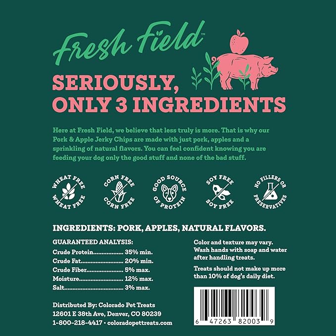 Fresh Field Pork & Apple Jerky Chips, 5 oz – All-Natural Dog Treats, USA Made, No Fillers, Supports Digestion & Nerves