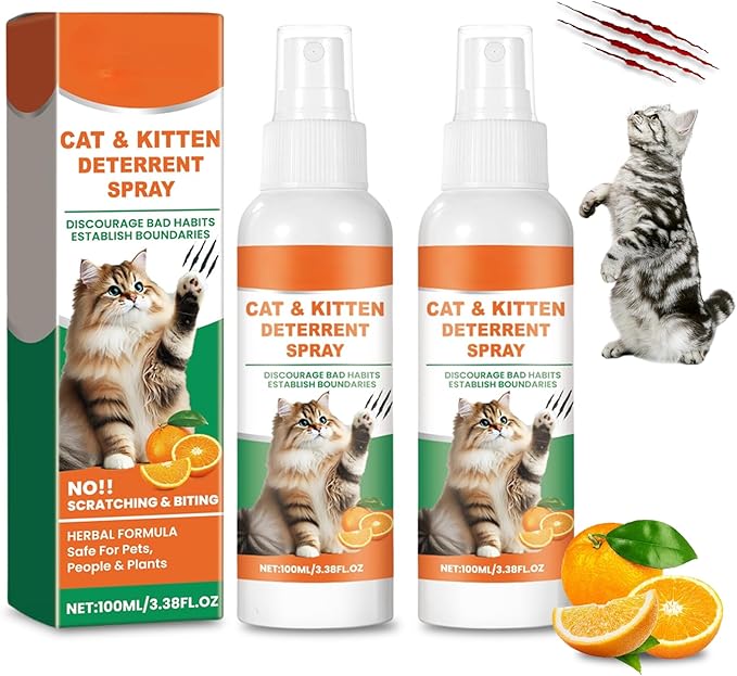 Cat Deterrent Spray, Safe Natural Cat Deterrent Outdoor, Cat Pee Deterrent Spray Indoor for Urine Marking Furniture, Humane Effective Training Aid Anti-Scratch for Cats and Kittens, 2PCS