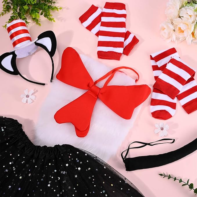 5 Pcs Cat Costume Accessories Set with Red and White Hat Headwear, Bowtie, Socks, Gloves and Tail for World Book Day