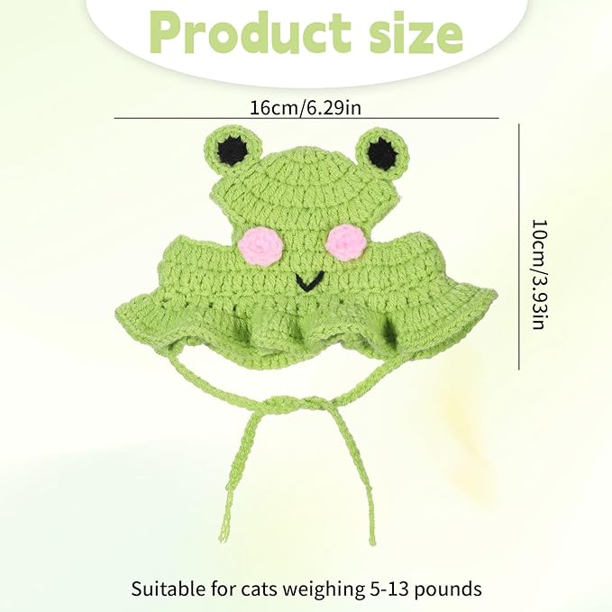 1 PCS Cat Hat Cute Frog Shape Pet Cap Frog & Flower Cats Hat Cotton & Soft Cute Knitted Cats Hats Cutes Knitted Cat Costume for Small Pets (Green, M)