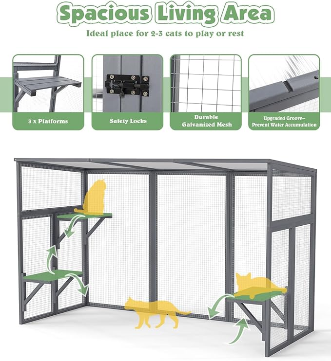 Outdoor Cat House, 71" Catio Outdoor Cat Enclosure, Large Cat Patio Enclosure for Multiple Cats, Weatherproof Cattio for Cats Outside, Wood Frame, Easy Assembly for Backyard, Grey