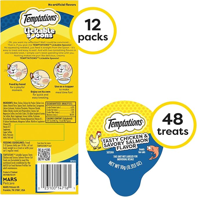 Temptations Lickable Spoons, Soft Lickable Cat Treats, Adult Wet Cat Treats, Tasty Chicken and Savory Salmon Flavor, 4 Spoons, Pack of 12 (48 Total)
