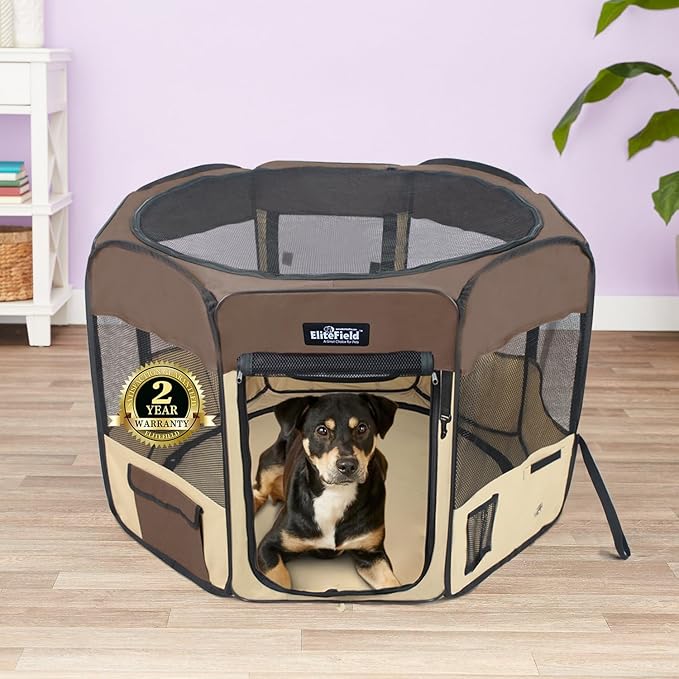 EliteField 2-Door Soft Pet Playpen (2 Year Warranty), Exercise Pen, Multiple Sizes and Colors Available for Dogs, Cats and Other Pets (42" x 42" x 24"H, Brown+Beige)