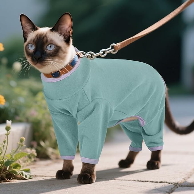 DENTRUN Cat Clothes for Hair Control with Hair Sticky Fabric - Soft Recovery Suit & Breathable Lint-Resistant Cat Sweater for Cats Only, Kitten Onesie Pajamas, S, Bean Green