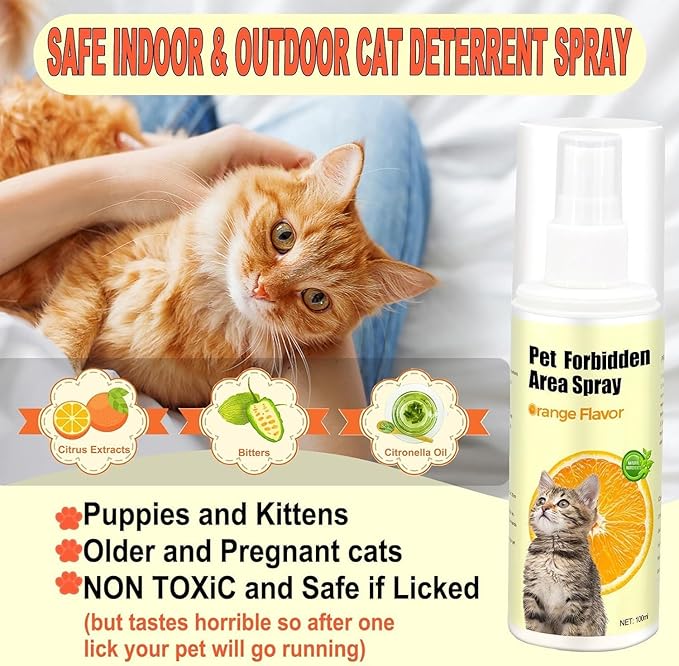 Cat Deterrent Spray – Anti-Scratch Cat Spray 100% Natural, Plant-Based Formula to Stop Scratching, Chewing & Urine Spraying – Indoor Use Safe for Furniture, Pets & Kids – 6.76 oz Orange
