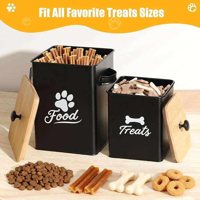 Dog Treat Container Set of 2, Dog Food Storage Containers with Airtight Lids, Metal dog treat jars for Kitchen Countertop, Pet Cookie Canister to Keep Treats Fresh, 9.4''×7.1''×9.6", Black