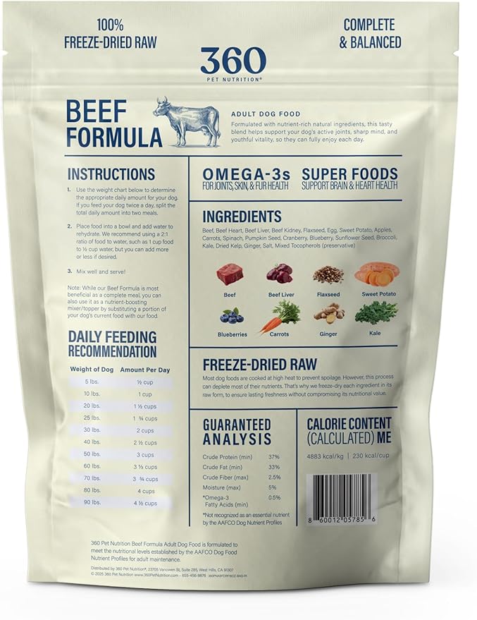 360 Pet Nutrition Freeze-Dried Raw Dog Food – Beef Recipe with Liver & Organs, High Protein with Omega-3s, Fruits, Veggies & Superfoods, Grain-Free, No Fillers, 1 lb – Made in USA
