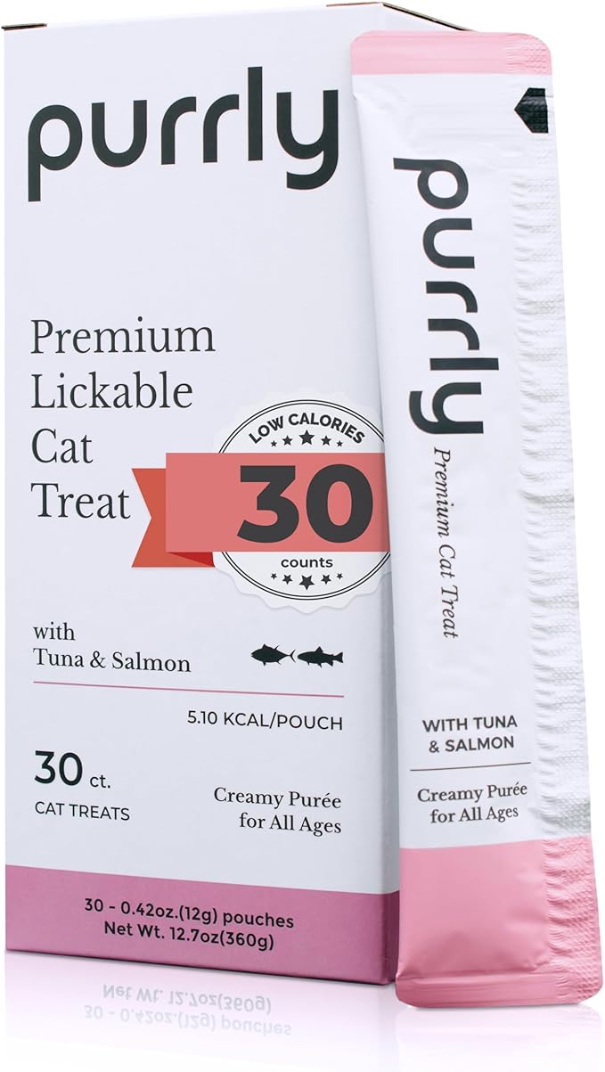 Purrly Squeezable Cat Treats Wet Healthy Interactive Hydrating Human-Grade Tuna & Salmon with Omega-3 & 6 for Skin & Coat (30 Count) Lickable Creamy Puree Topper Wild-Caught No-Artificial-Additives