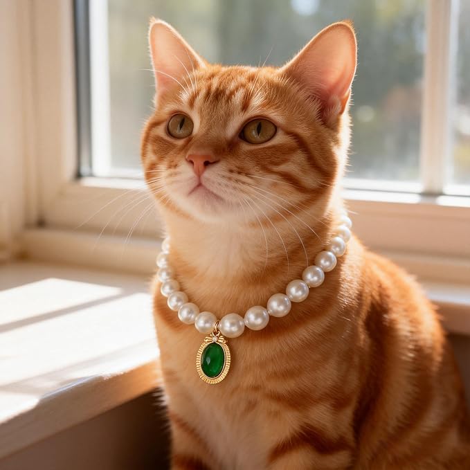 Cat Dog Sparkle Jewelry Pearl Collar Puppy Kitten Rhinestone Pendant Adjustable Charm Necklace for Small Pets Wedding Photography 2 Pack (Purple and Emerald Green)