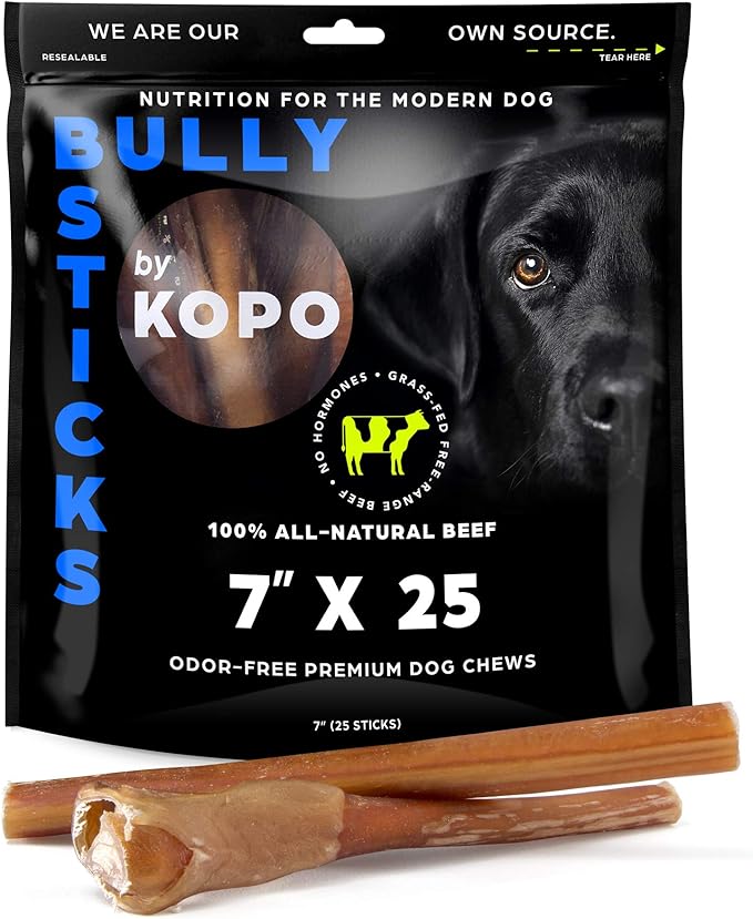 Kopo Dog Bully Sticks 7 inch - Regular Size, 25 Pack - Chew Sticks - 100% All Natural Beef Pizzle, One Ingredient Treats - More Protein Than Collagen Sticks - Long Lasting Dog Treats