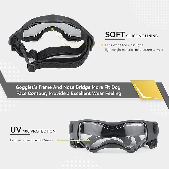 Dog Goggles Dog Sunglasses for Medium Breed UV Protection Windproof with Adjustable Head Straps Chin Straps for Ride Car/Hiking Travel/On Beach-Black