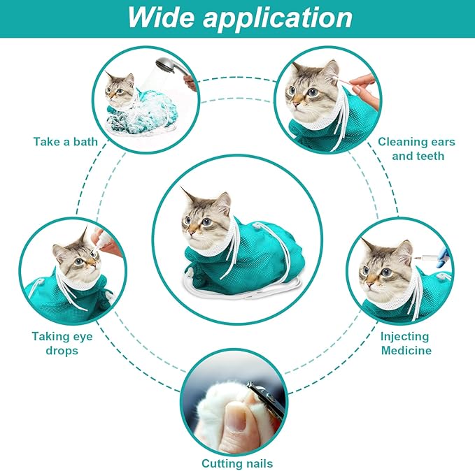 Cat Bathing Bag, Breathable Mesh Cat Shower Bag Anti Scratch Adjustable Cat Grooming Bag for Nail Trimming Polyester Soft Washing Bag