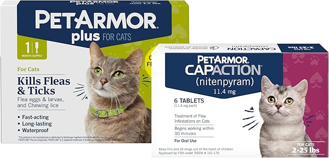 PetArmor CAPACTION (nitenpyram) Oral Flea Treatment for (Cat 6 Doses) + Bonus PetArmor Plus Flea and Tick Treatment & Prevention for Cats Over 1.5 lbs (1 Dose)