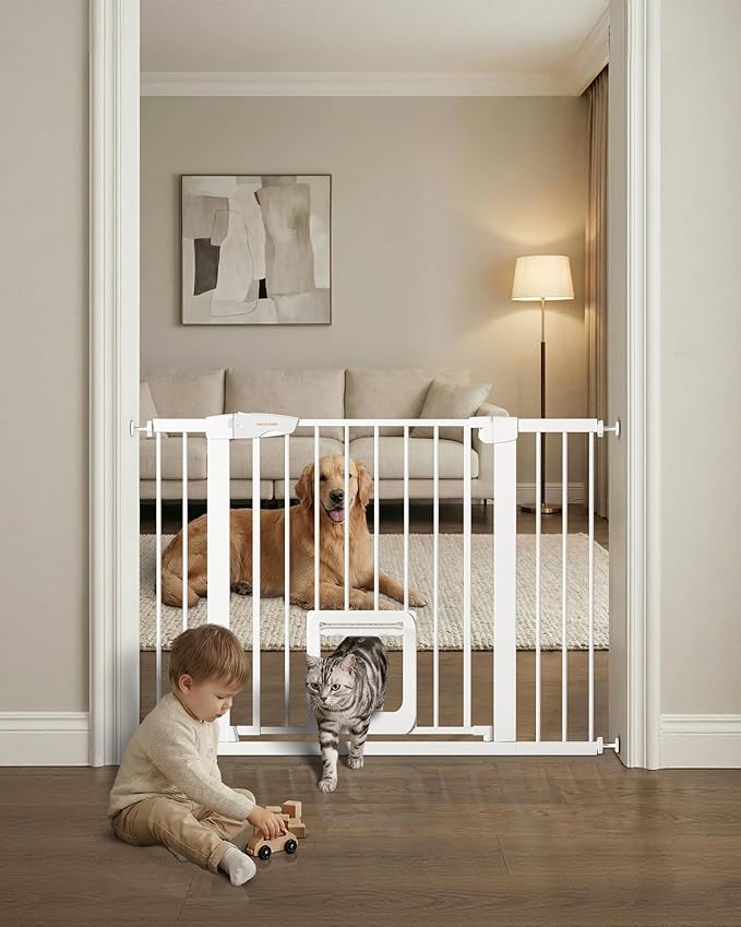 Baby Gate with Cat Door, 29.92-43.7 ” Wide Baby Gate for Stairs, Pressure Mounted Gate No Drill, Auto Close Dog Gate for Doorways, Easy Walk Through Safety Gates with Pet Door, Indoor, White