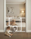 Baby Gate with Cat Door, 29.92-43.7 ” Wide Baby Gate for Stairs, Pressure Mounted Gate No Drill, Auto Close Dog Gate for Doorways, Easy Walk Through Safety Gates with Pet Door, Indoor, White