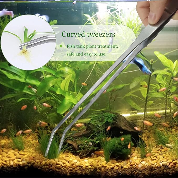 2 Pcs Feeding Tongs, Aquarium Tweezers Stainless Steel Straight and Curved Tweezers Set 27cm/10.6 inches Aquascaping Tools for Hold Worms, Reptiles, Lizards, Bearded Dragon (Silver)