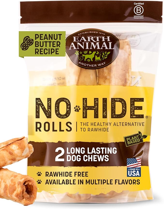 Earth Animal No Hide Chews - Long Lasting Rawhide Free Medium Dog Chews Rolls, Peanut Butter - 2 Count