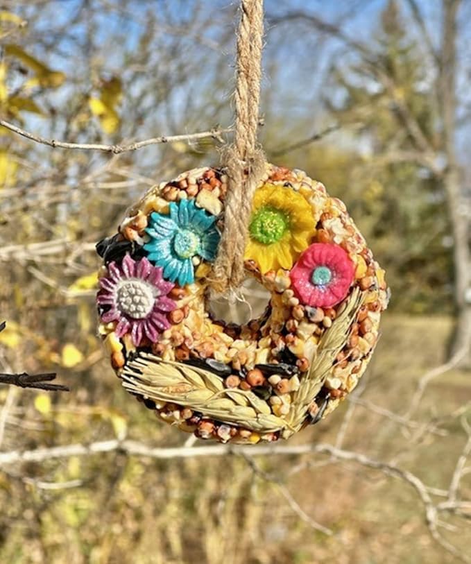 8-Pack Hanging Bird Seed Ornaments w/ 100% Edible Flowers & Wheat Stalks, Circle Shape, 3 Seed Blends Included, 100% Edible (Safe for Bird Consumption)