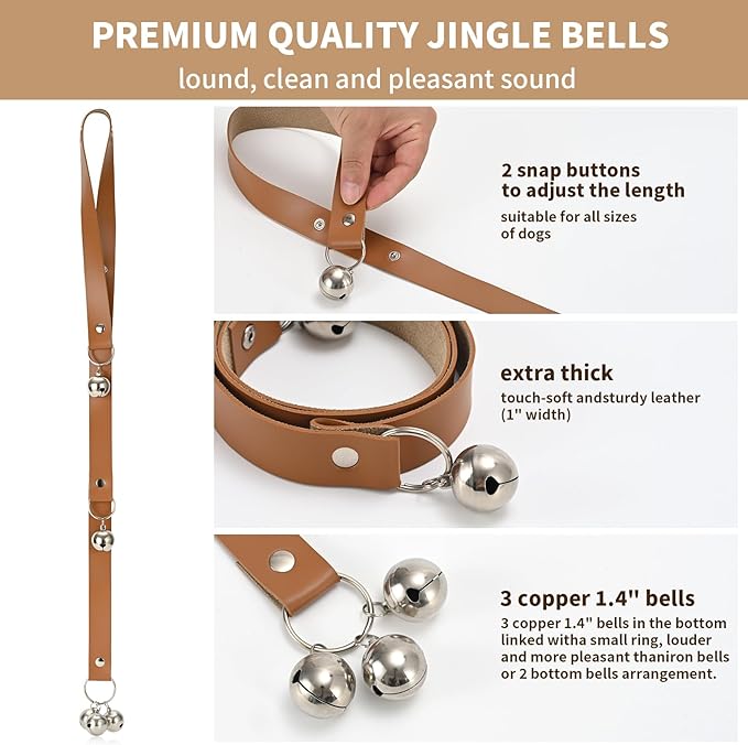 Brown Leather Hanging Door Bells for Dog Training Tools to Go Outside Dog Accessories to Ring to Go Potty Upgraded Puppy Essentials for Home (Gold Jingle Bells)