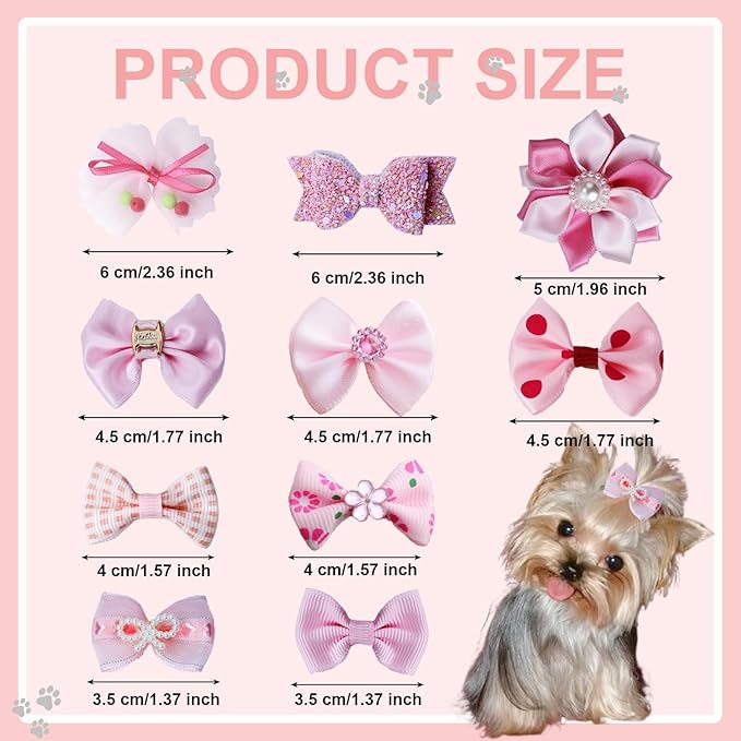 20pcs Light Pink Small Puppy Dog Hair Bows with Rubber Bands, Flower Ball Bowknot Rhinestone Pearls Hair Ties Mix Style for Dog Hair Accessories