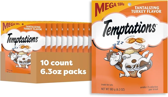 Temptations Cat Treats, Classic Crunchy and Soft Cat Treats, Tantalizing Turkey Flavor, 6.3 oz. Pouch (Pack of 10)
