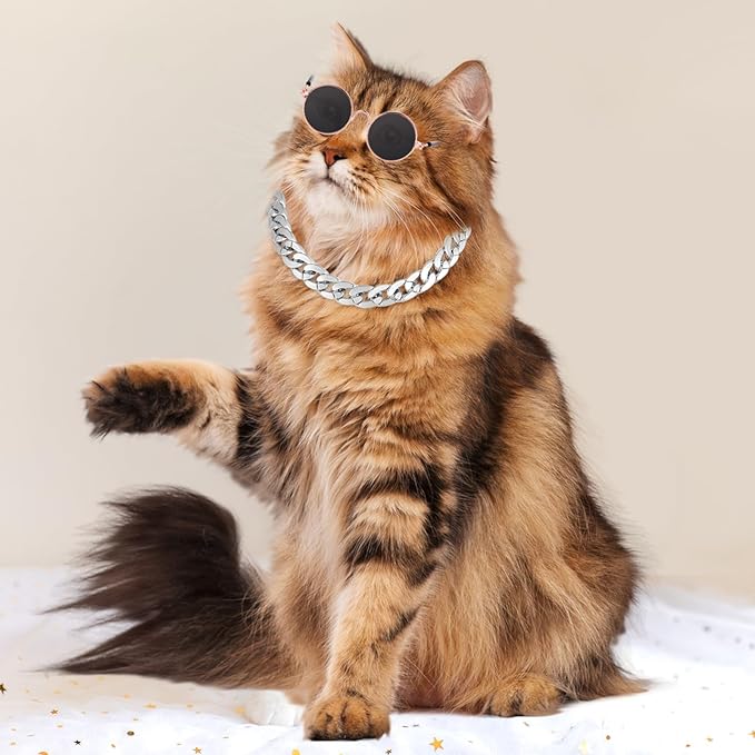 Cat Costume Sunglasses with Collar Chain, Retro Pet Eyeglasses Funny Kittens Costume Docorations Cosplay Dog Puppies Photo Props for Birthday (Silver)