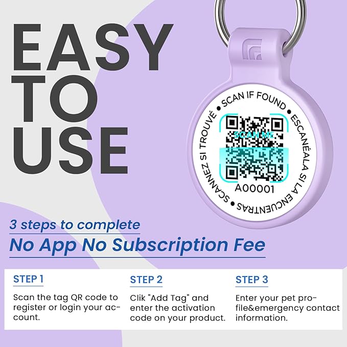Silicone Cat Tags Personalized Small for Pet Collars, QR Code Cat Name Tags, Scan Location Alerts, Purple S