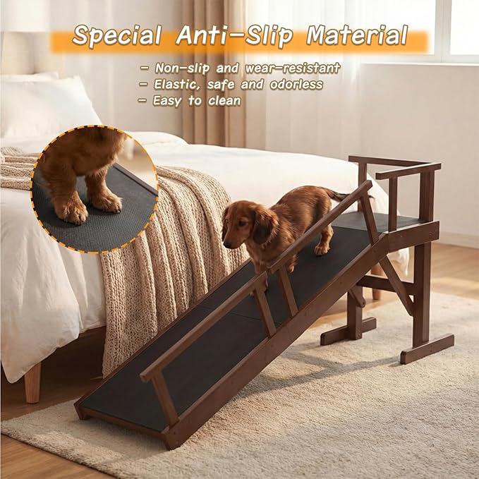 61" Dog Ramp for Bed,Birchwood Pet Ramp with Removable Side Rail and Non-Slip Surface, Pet Ramp for Small & Large Dogs with Rest Platform and DIY Glow Strips,Dog Stairs for Couch, Brown