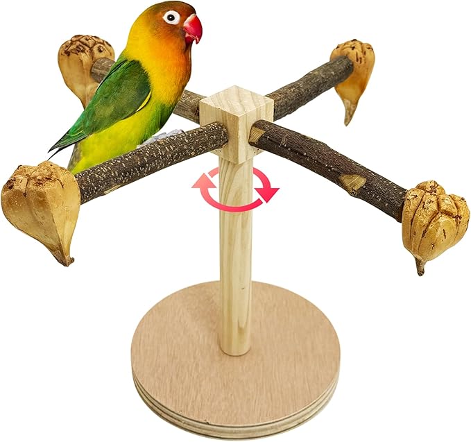 Rotating Bird Perch Stand Toy Natural Wooden Parakeet Toys with Edible Chew Toy Interactive Spinning Toy Bird Cage Accessories for Parakeets Budgies Conures Cockatiels Lovebirds Finches